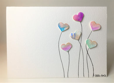 Original Hand Painted Greeting Card - Six Multicoloured Heart Flowers - eDgE dEsiGn London