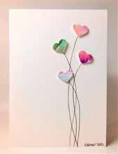 Original Hand Painted Greeting Card - Four Green, Purple and Gold Heart Flowers - eDgE dEsiGn London