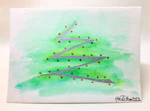 Silver and Red Abstract Christmas Tree  - Hand Painted Christmas Card