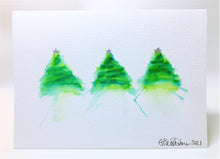 Three Green Trees with Stars - Hand Painted Christmas Card