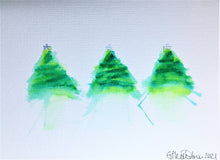 Three Green Trees with Stars - Hand Painted Christmas Card