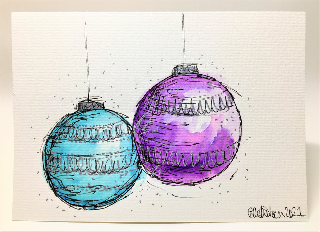 Abstract Turquoise and Purple Baubles - Hand Painted Christmas Card