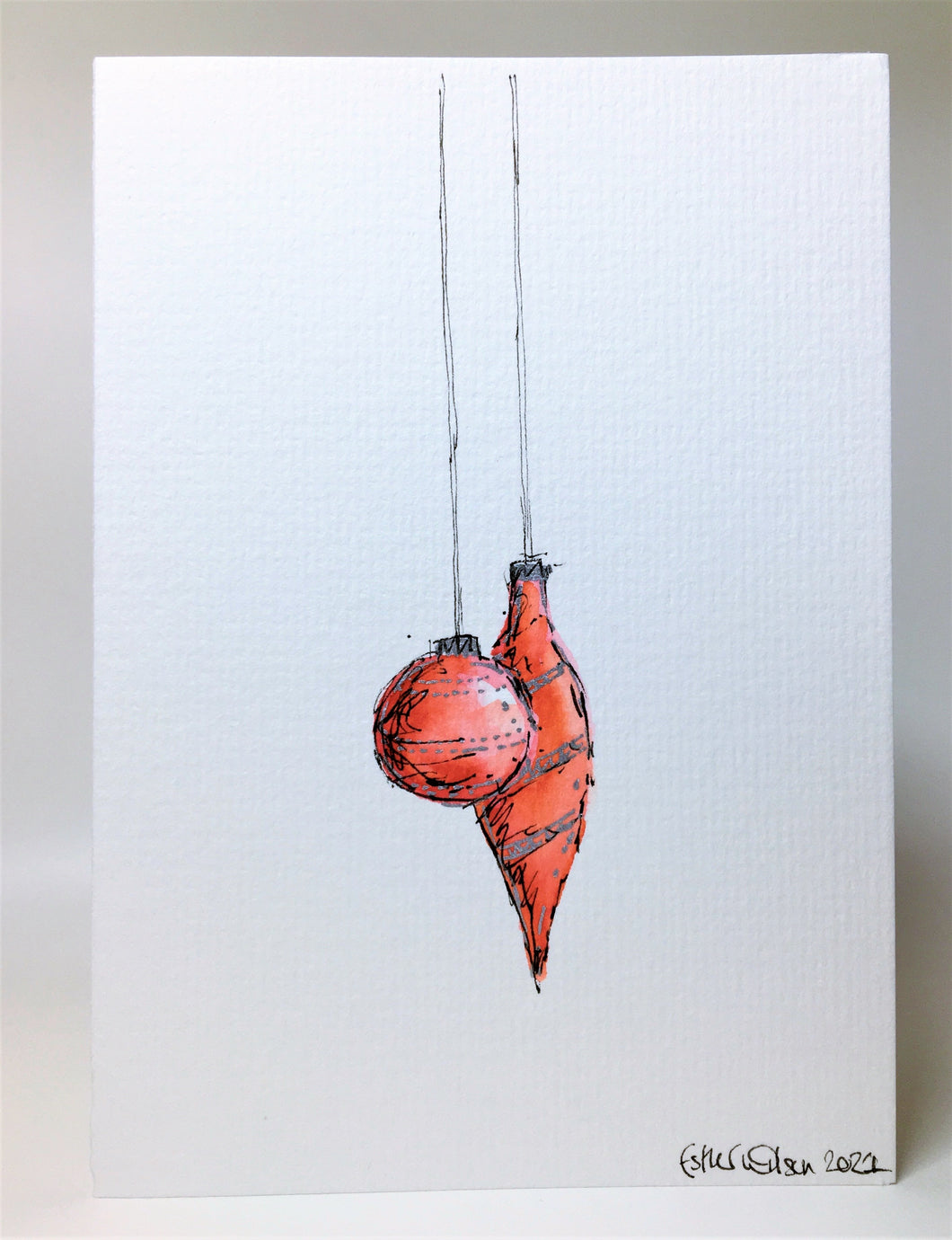 Two Small Red and Silver Baubles - Hand Painted Christmas Card