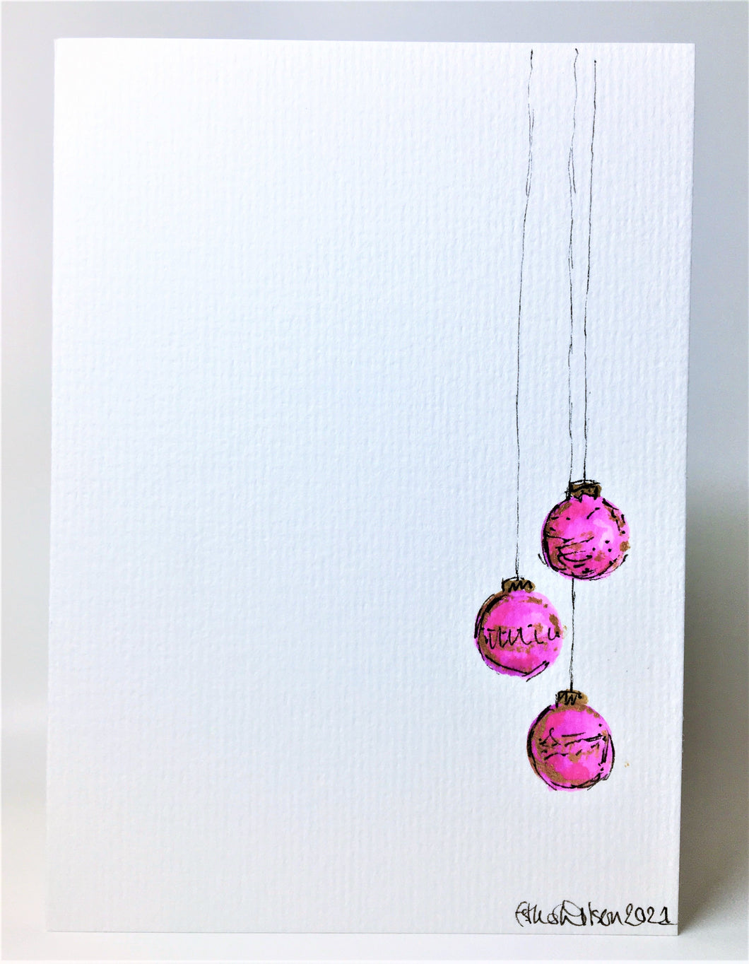 Small Pink and Gold Baubles - Hand Painted Christmas Card