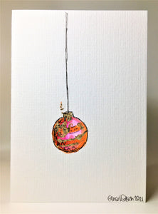 Small Pink, Orange and Gold Bauble - Hand Painted Christmas Card