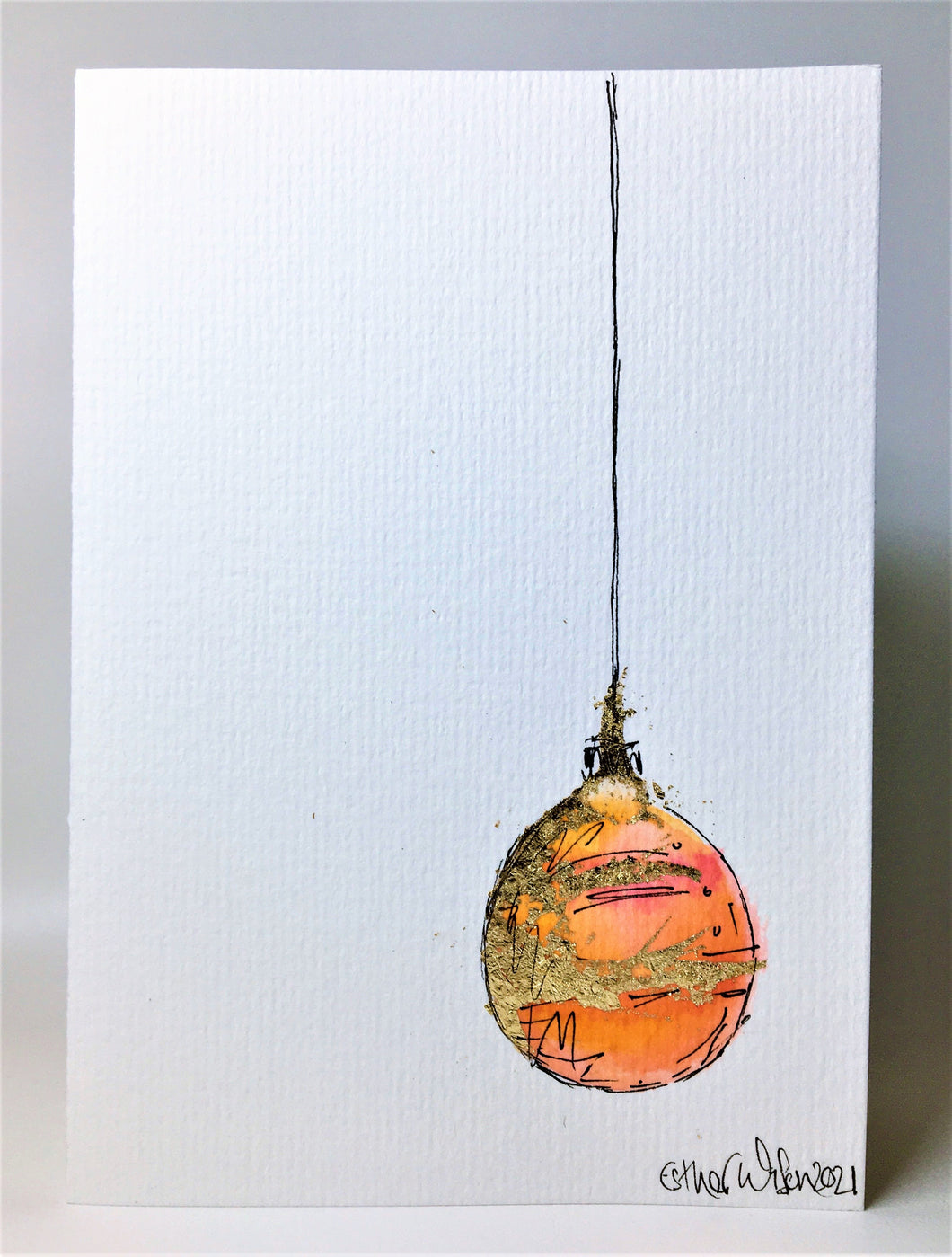 Orange, Pink and Gold Bauble - Hand Painted Christmas Card