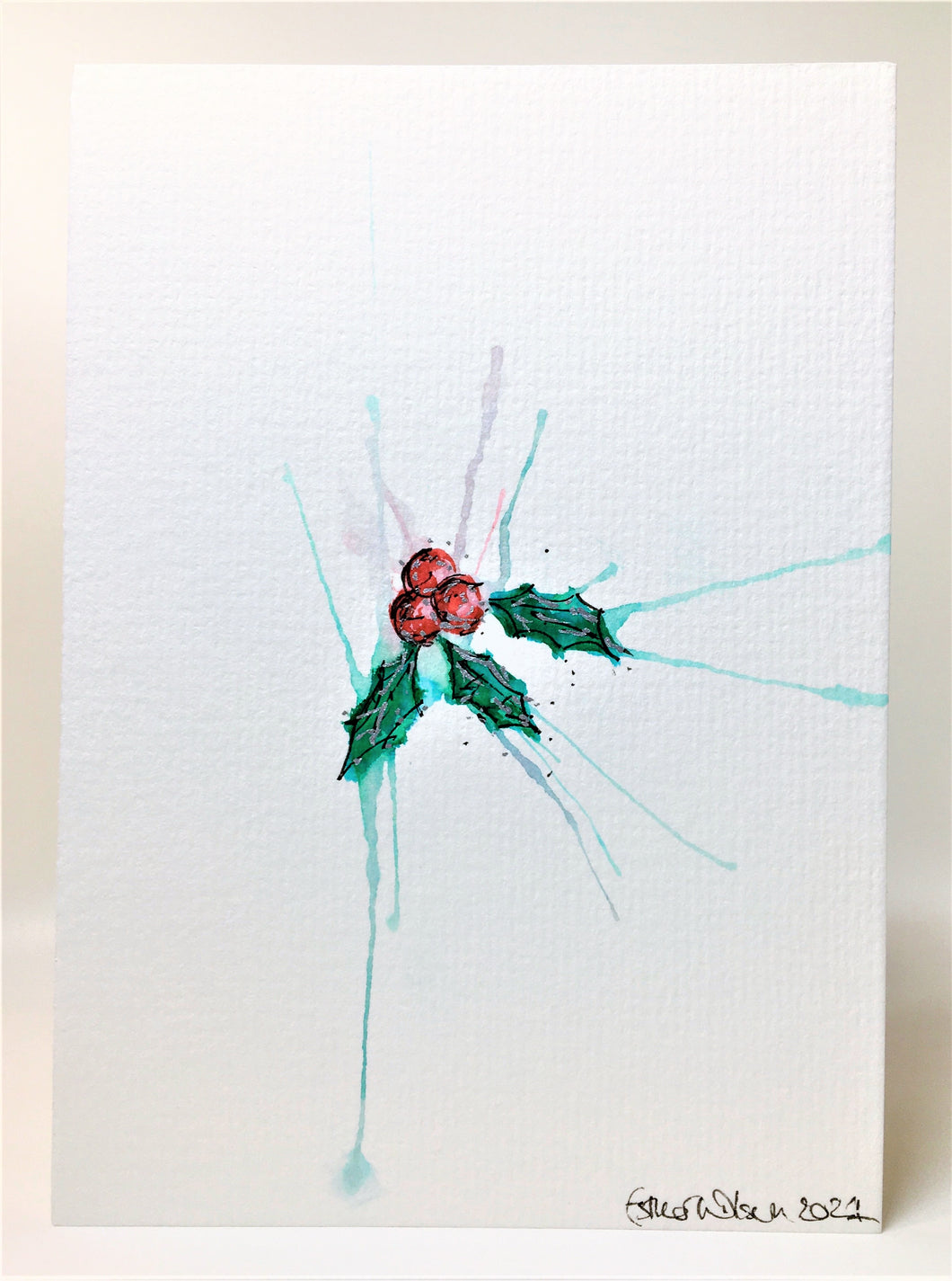 Abstract Splatter Holly Design #2 - Hand Painted Christmas Card