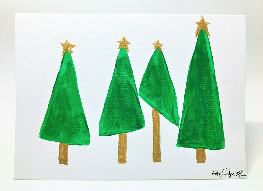 Abstract Green and Gold Trees - Hand Painted Christmas Card