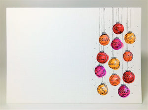 Orange, Pink, Red and Silver Baubles - Hand Painted Christmas Card