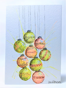 Yellow, Orange and Silver Splatter Baubles - Hand Painted Christmas Card