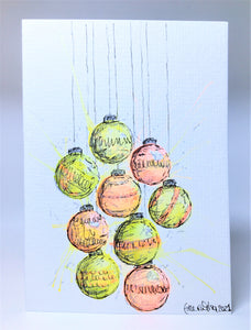Yellow, Orange and Silver Splatter Baubles - Hand Painted Christmas Card