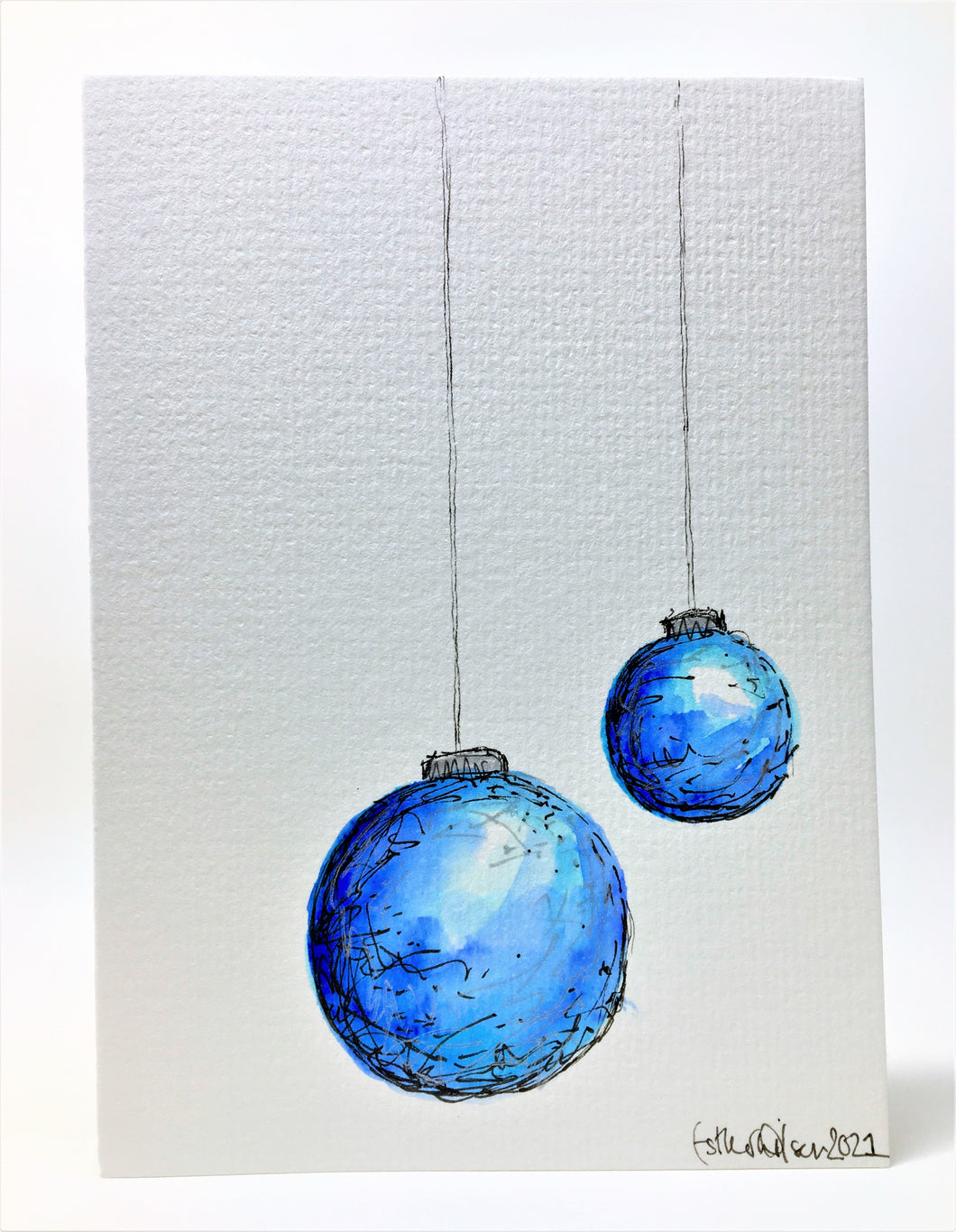 Blue, Turquoise and Silver Baubles - Hand Painted Christmas Card