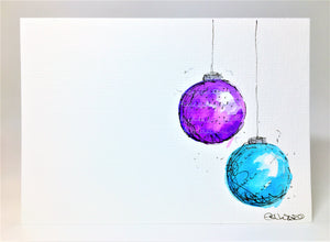 Purple, Turquoise and Silver Baubles - Hand Painted Christmas Card
