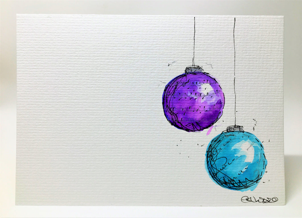 Purple, Turquoise and Silver Baubles - Hand Painted Christmas Card