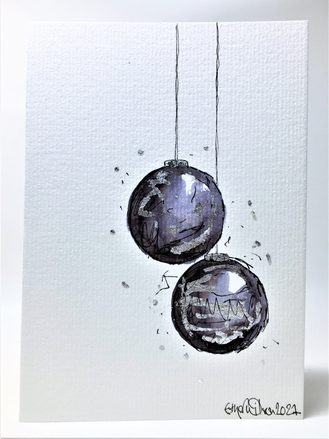 Black, Grey and Silver Leaf Baubles - Hand Painted Christmas Card