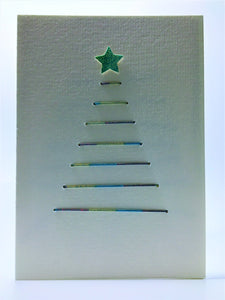 Rainbow thread abstract tree with green star - Hand-made Christmas card