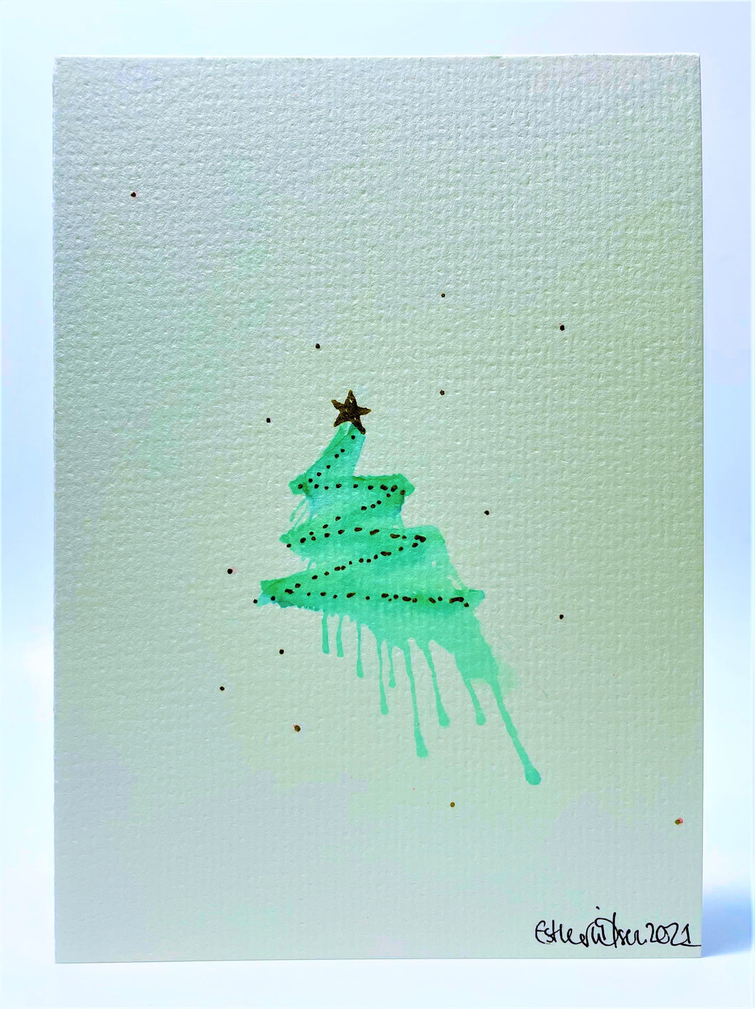 Small Green Splatter Tree with Gold Star - Hand Painted Christmas Card