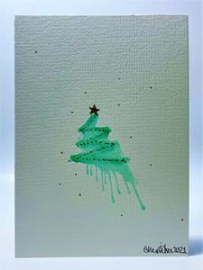 Small Green Splatter Tree with Gold Star - Hand Painted Christmas Card