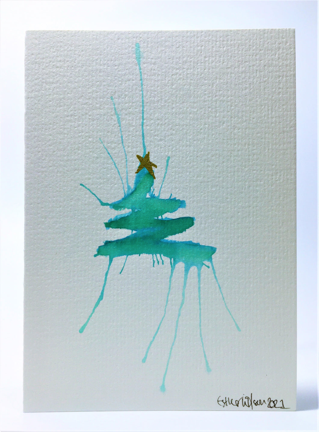 Abstract Green Splatter Tree with Star - Hand Painted Christmas Card