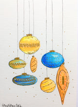 Abstract Oval Orange, Blue and Gold Baubles - Hand Painted Christmas Card