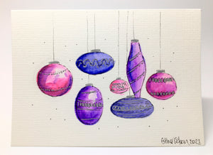 Abstract Oval Blue, Pink and Purple Baubles - Hand Painted Christmas Card