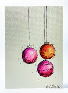 Abstract Pink, Orange and Red Baubles - Hand Painted Christmas Card