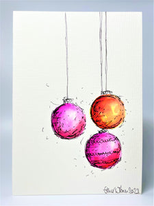 Abstract Pink, Orange and Red Baubles - Hand Painted Christmas Card