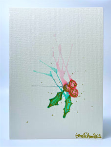 Small Abstract Holly Splatter with Gold - Hand Painted Christmas Card
