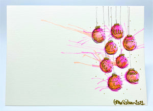 Small Pink, Orange and Gold Splatter Baubles - Hand Painted Christmas Card