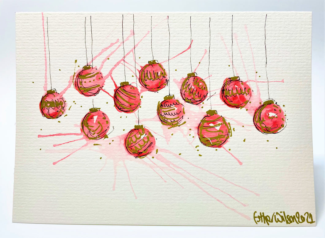 Small Red, Pink and Gold Splatter Baubles - Hand Painted Christmas Card