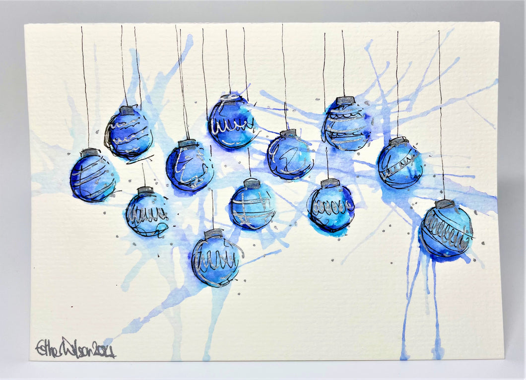 Small Blue and Silver Splatter Baubles - Hand Painted Christmas Card