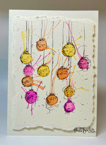 Small Pink, Orange and Yellow Splatter Baubles - Hand Painted Christmas Card