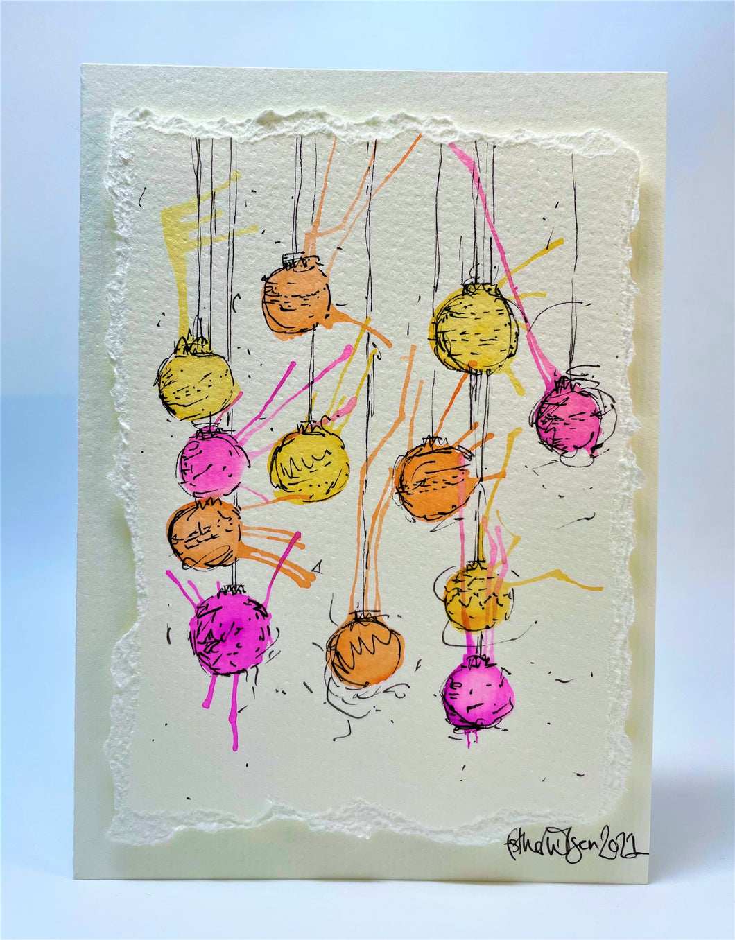 Small Pink, Orange and Yellow Splatter Baubles - Hand Painted Christmas Card