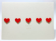 Original Handmade Valentine's Day Card - 5 Red Hearts - Love You