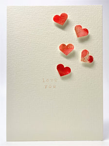 Original Hand Painted Valentine's Card - Red, Pink, Bronze Hearts - Love You