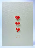 Original Hand Painted Valentine's Day Card - 3 Red, Pink and White Hearts - Love You