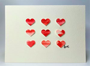 Original Hand Painted Valentine's Day Card - 9 Red, Pink and White Hearts - Love