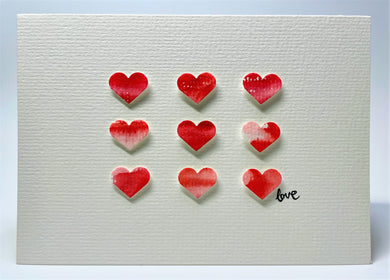 Original Hand Painted Valentine's Day Card - 9 Red, Pink and White Hearts - Love