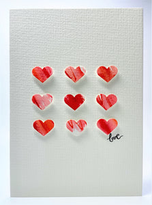 Original Hand Painted Valentine's Day Card - 9 Pink, Red and White Hearts - Love