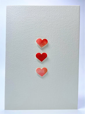 Original Hand Painted Valentine's Day Card - 3 Red, Pink and Bronze Hearts