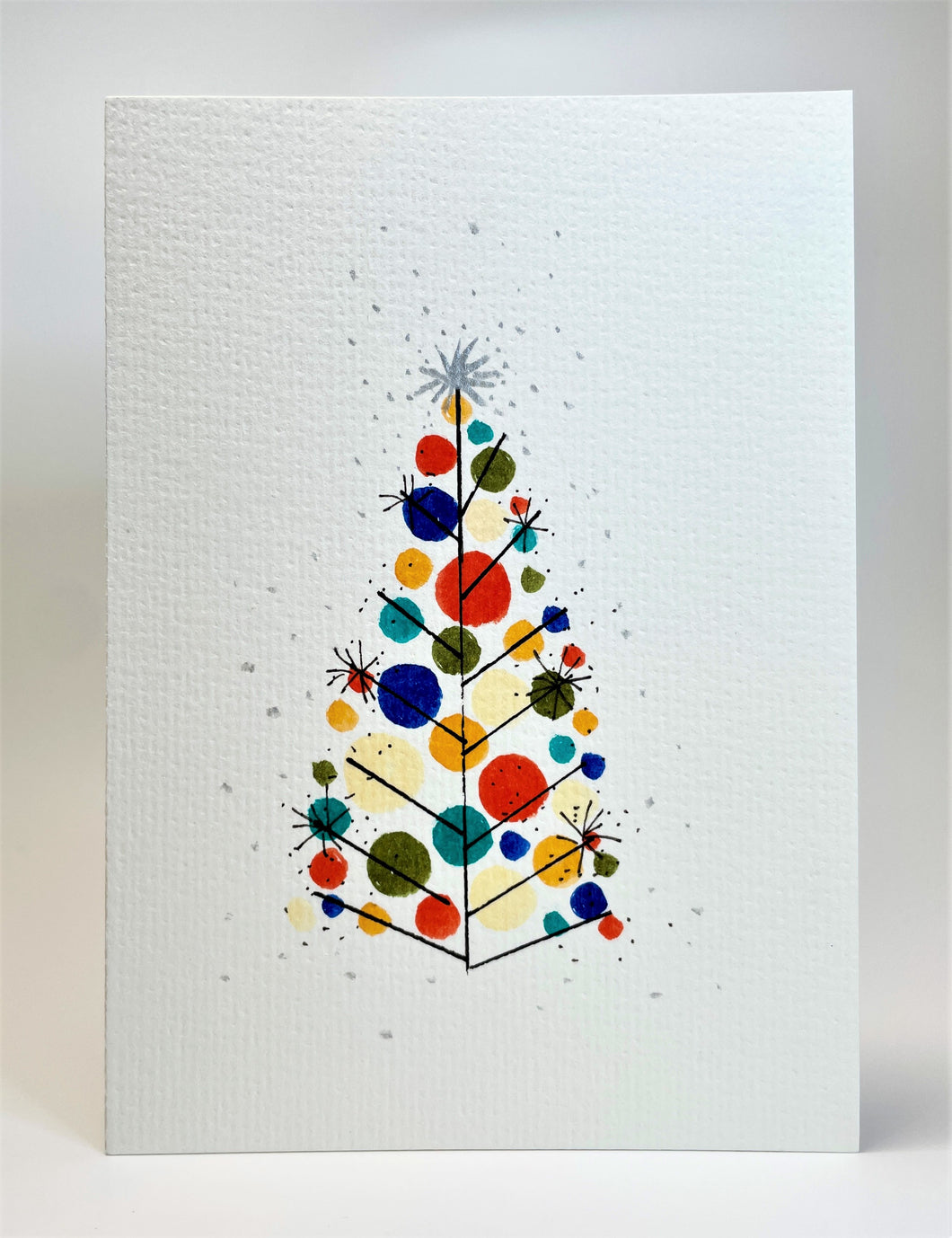 Retro Multicolour Circles and Silver Star Tree - Hand Painted Christmas Card