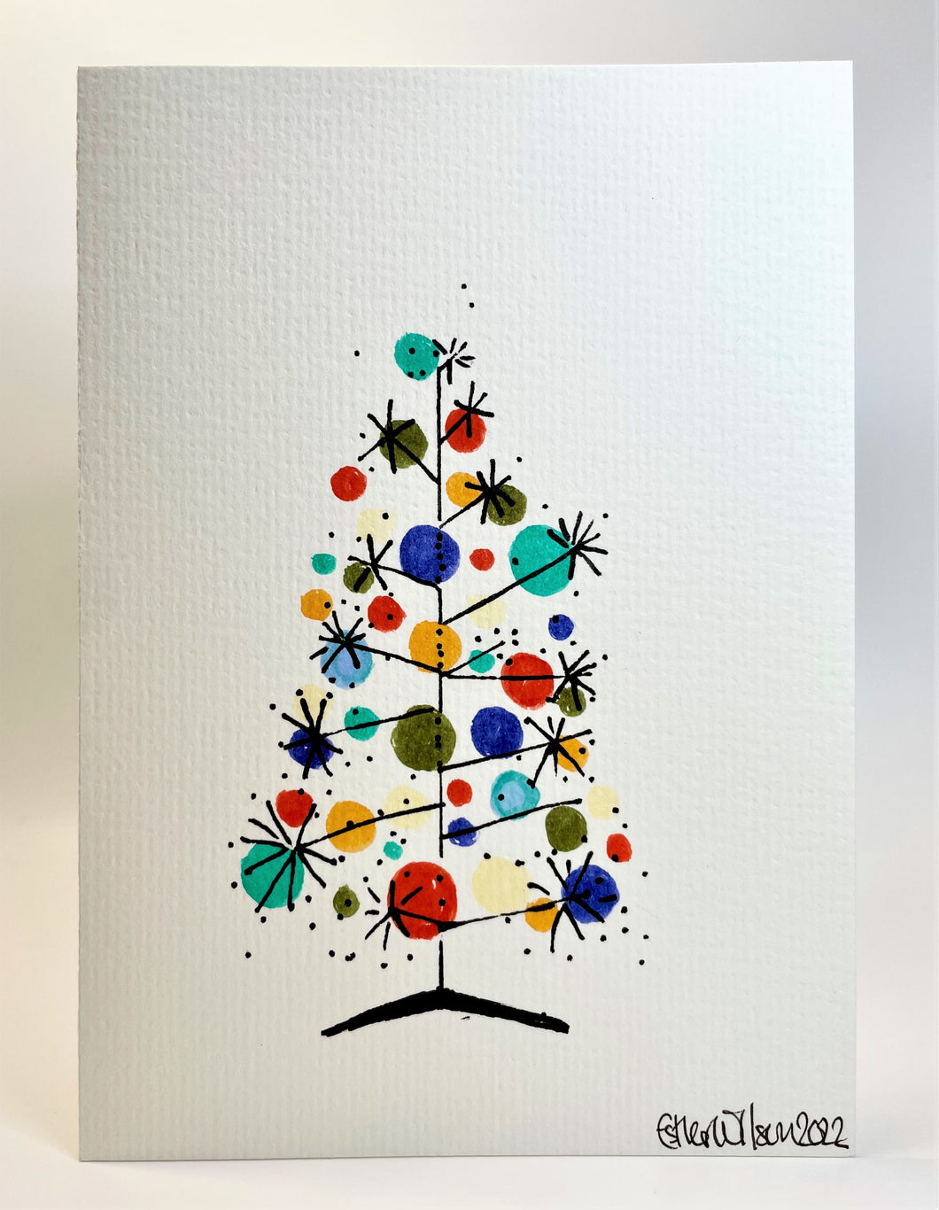 Abstract Retro Multicolour Circle Starburst Tree - Hand Painted Christmas Card