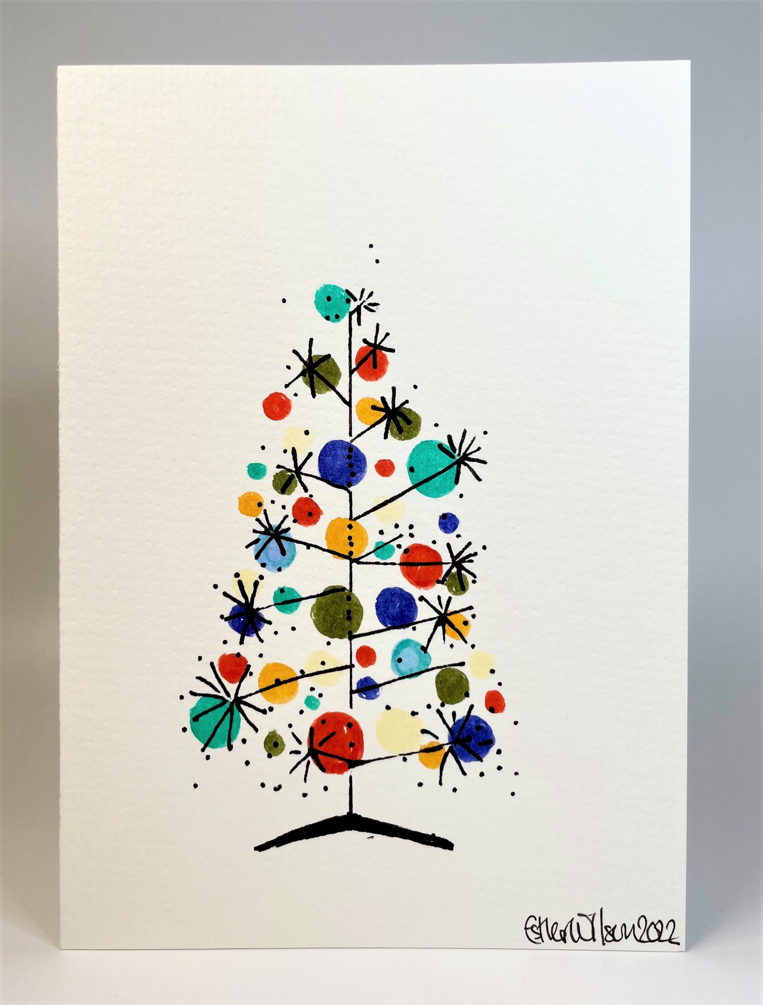 Abstract December Card Abstract Retro Multicolour Circle Starburst Tree - Hand Painted ...