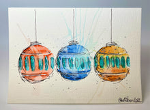 Three Large Multicolour Baubles - Hand Painted Christmas Card