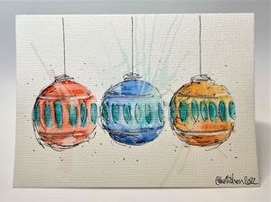 Three Large Multicolour Baubles - Hand Painted Christmas Card