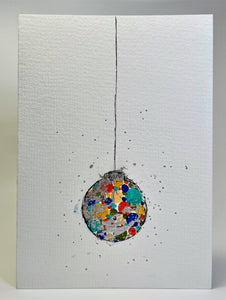 Abstract Multicolour and Silver Leaf Bauble - Hand Painted Christmas Card