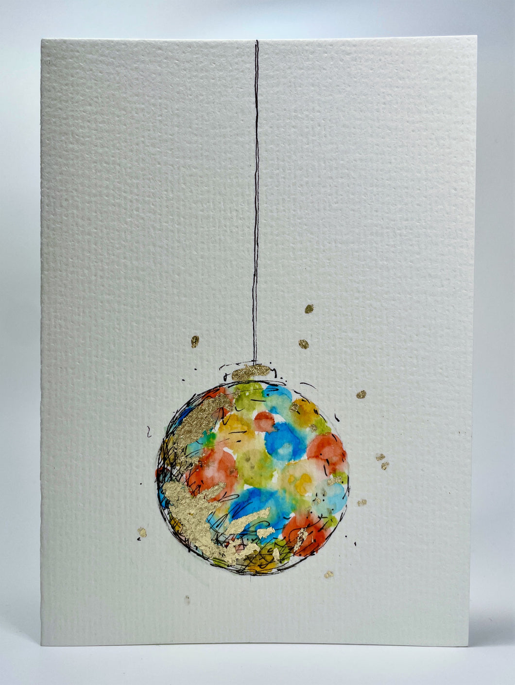 Abstract Multicolour and Gold Leaf Bauble - Hand Painted Christmas Card