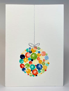 Multicolour Bauble with Silver Bow - Hand Painted Christmas Card