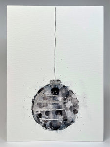 Large Monochrome Circle and Silver Leaf Bauble - Hand Painted Christmas Card