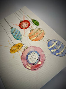 Vintage Multicolour Baubles with Gold Leaf - Hand Painted Christmas Card